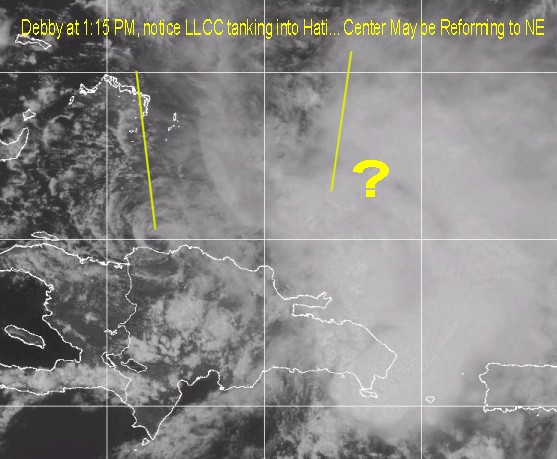 Debby's Low Level Circulation Center Diving into Hispaniola Reform possible?